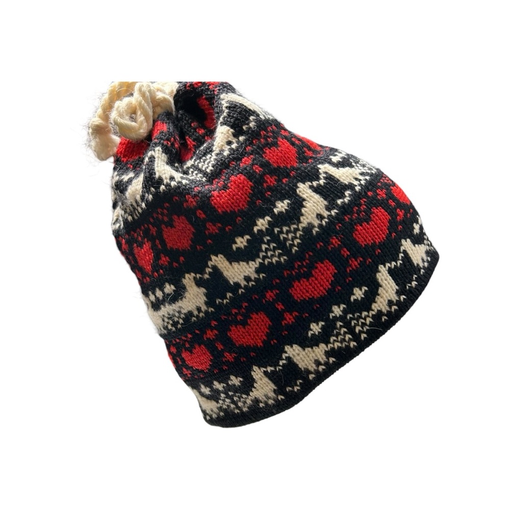 Vintage Fair Isle Wool Beanie Nordic Scandi Ski Hat Red Black Heart Pattern OS